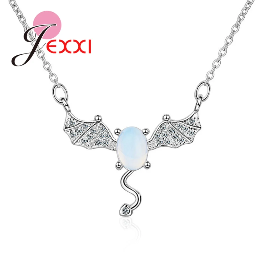 Exquisite 925 Sterling Silver Pendant Necklace Gradient Colorful Cubic Zirconia Moonstone Small Devil Bat For Women Gift Jewelry