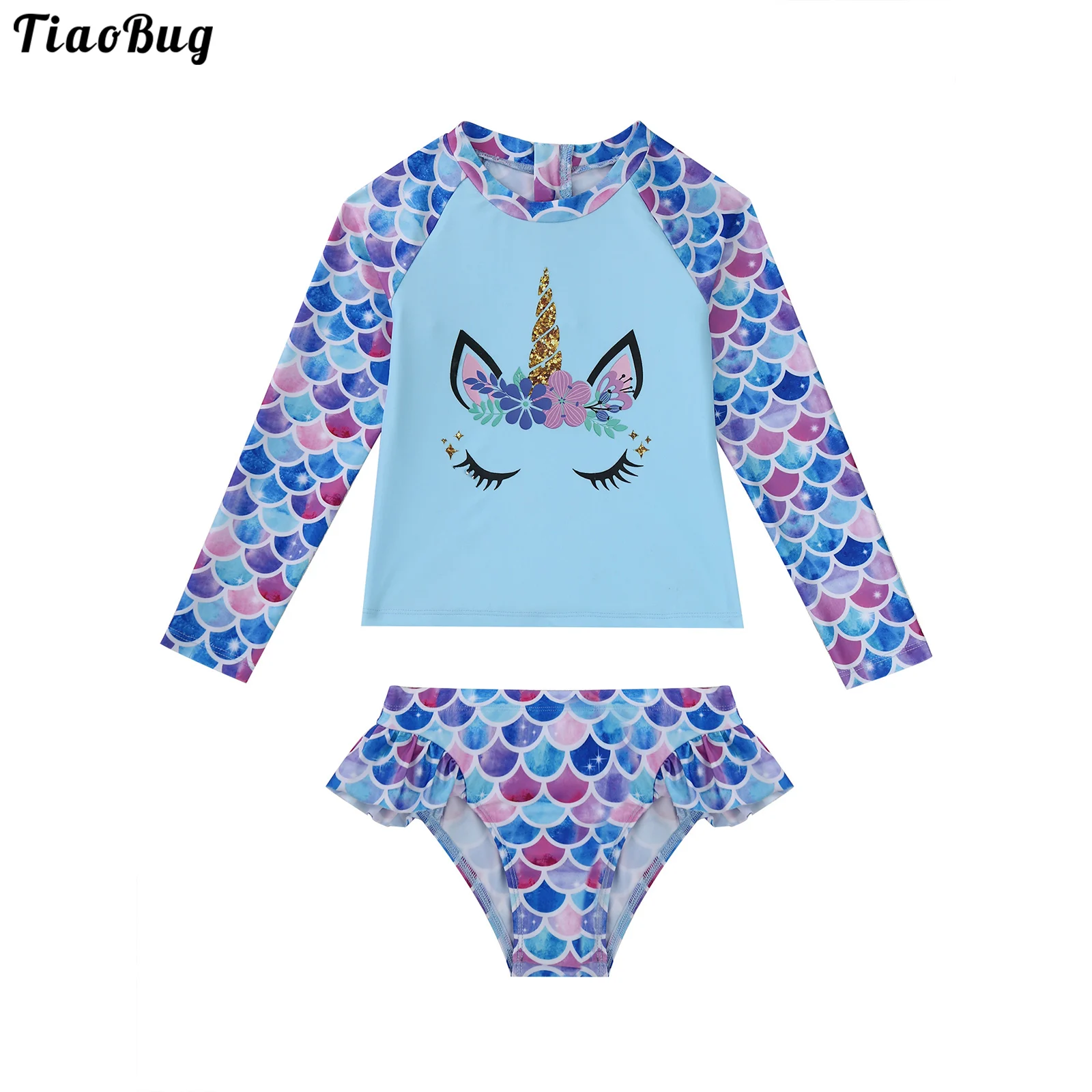 

TiaoBug Summer 2Pcs Kid Girls Fish Scales Print Swimming Suit Round Neck Long Sleeves Cartoon Print Tops And Briefs Set Swimwear