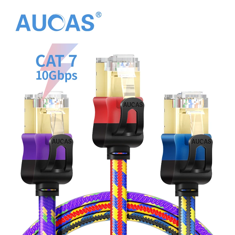 AUCAS High Speed 0.5m 1m 2m 5m 10m 15m Network Cable Rj45 Patch Cord Ethernet Cable SFTP CAT7 RJ45 Flat Wire PC Latop  Free