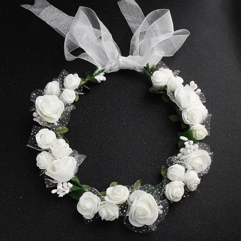 Headdress Bridal Garland Mesh Foam Simulation Flower Hairband Ribbon Adjustable Children Headdress Photo Wreath