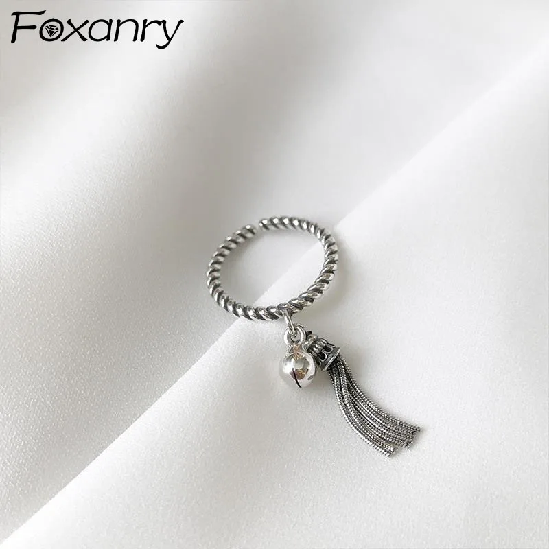 FOXANRY Silver Color Rings for Women Trendy Elegant Vintage Make Old Creative Bells Tassel Twist Texture Party Jewelry