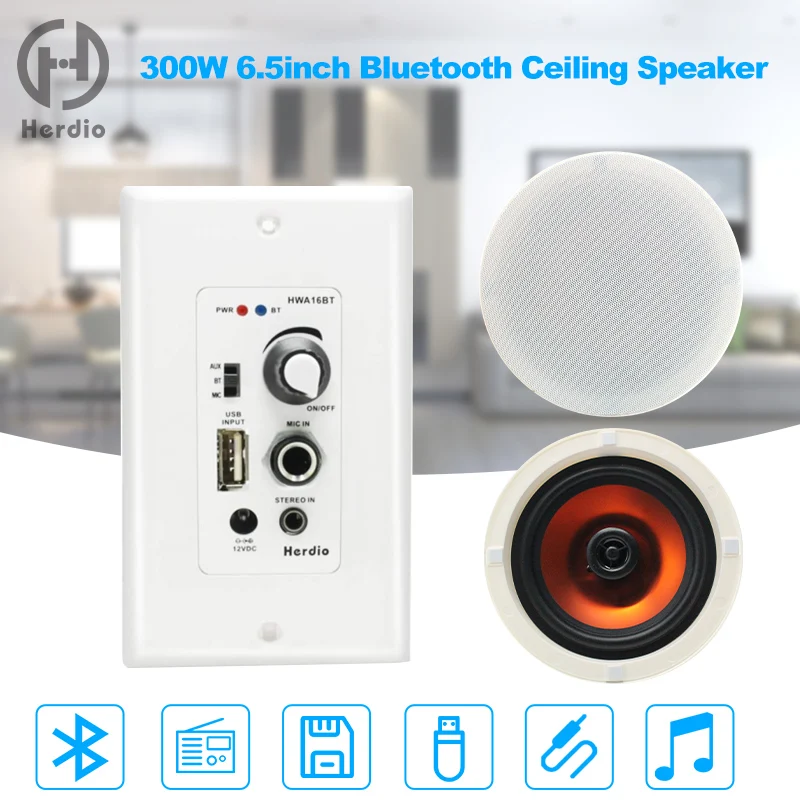 300W 6.5 Inch Bluetooth-Compatible Ceiling Speaker Wall Mount Home Theater System Support BT 5.0 Audio Receiver Dropshipping