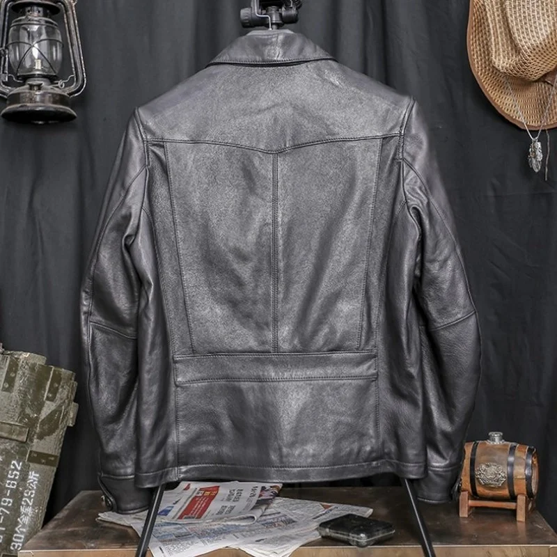 Manteau de motard à revers en peau de mouton pour homme, coupe-vent court, Slim, en cuir véritable, style Punk, décontracté, rétro, pour les affaires, automne