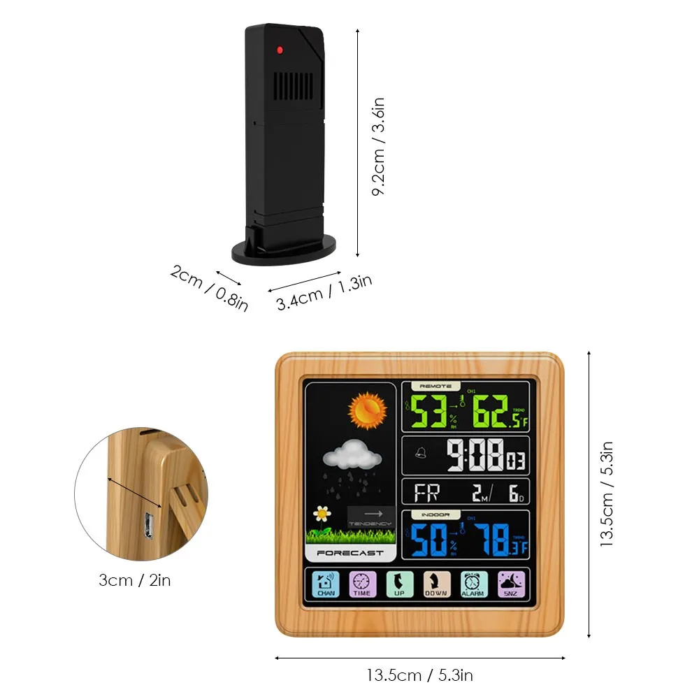 Touch LCD Screen Wireless Weather Station Alarm Clock Indoor & Outdoor Thermometer Hygrometer with USB Port Snooze Function