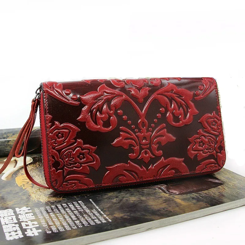 Floral Genuine Leather Purse Ladies Vintage Real Cow Leather Wallet Woman Large Capacity Female Clutch Bag