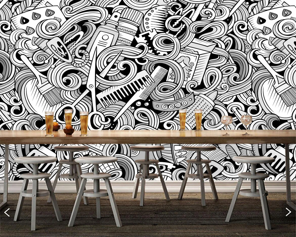 Papel de parede Cartoon line art cute doodle hair salon barber shop bar restaurant bedroom abstract wallpaper mural home decor