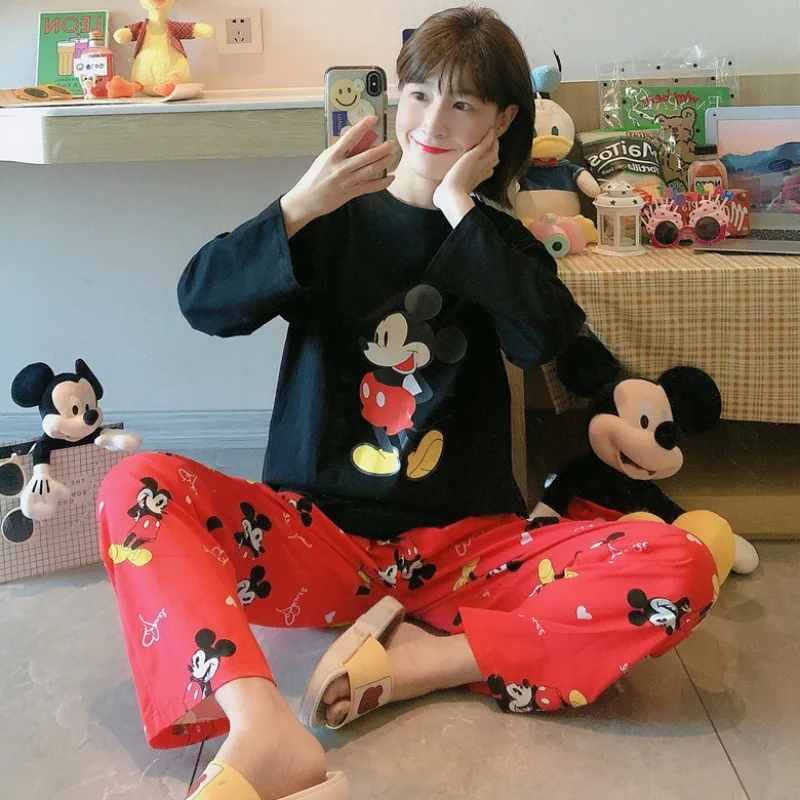 Pijama de mickey de mangas compridas feminino, roupa exterior de duas peças, calças meninas, novos ternos domésticos, outono