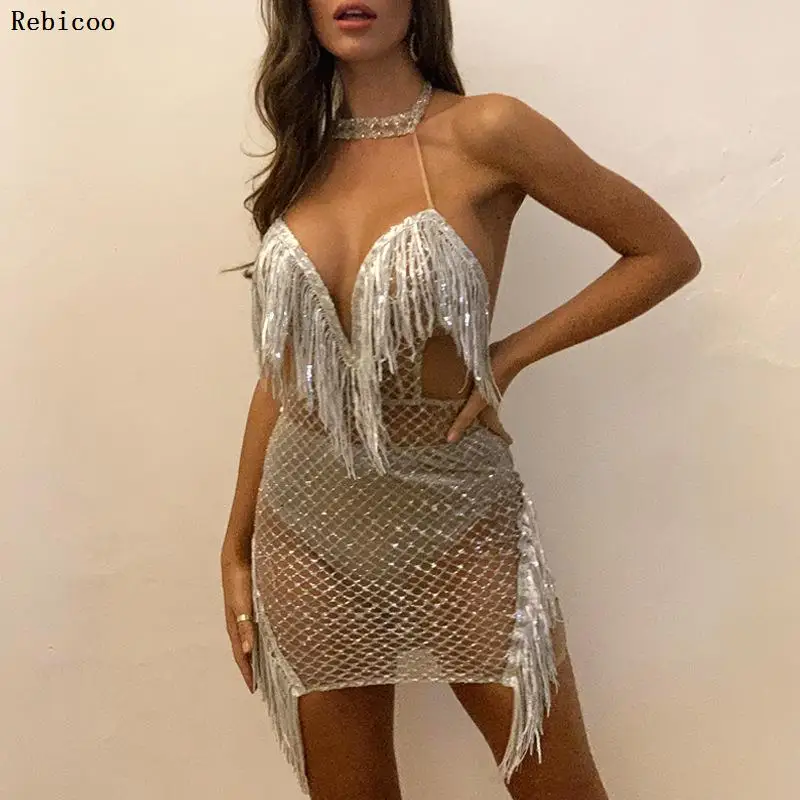 

Glitter Sequins Fringed Embellished Mini Dress Women Gorgeous Sexy Backless Halter Neck Tassel Sequins Party Dress