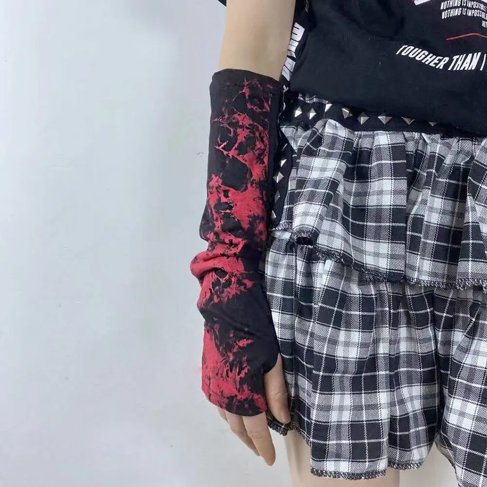 Lady Dark Gothic Fingerless Elbow Length Goth Black Red Gloves Ninja Street Hip-hop Mittens Women Punk Cool Tie Dye Glove 2023