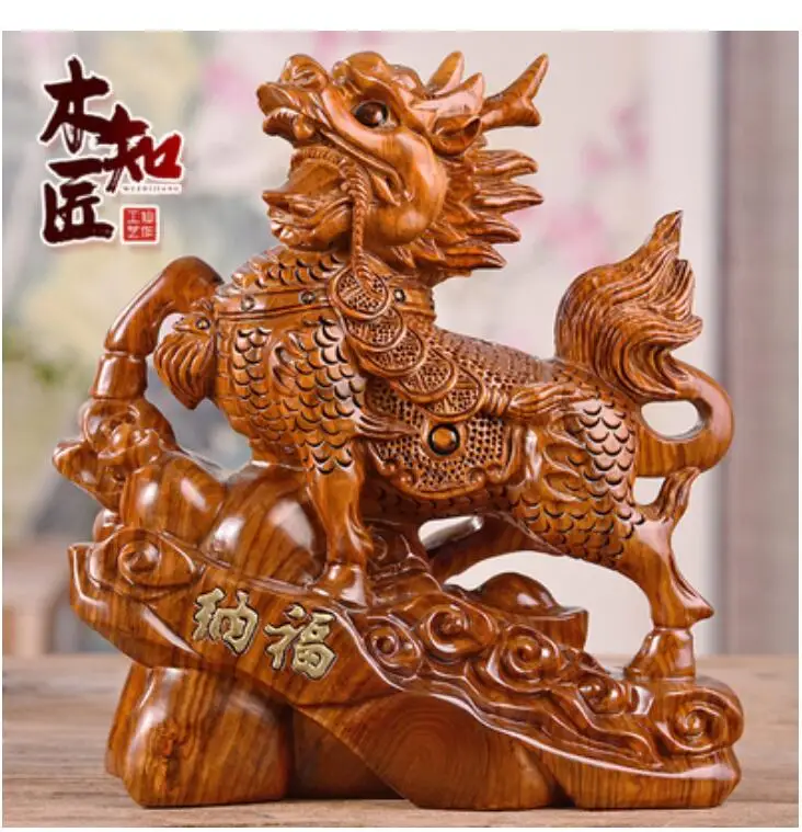 Chrysanthemum pear Carved wooden kirin placed pieces large kirin lucky home kirin office living room home