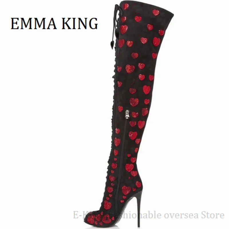 Women Red Crystal Hearts Gladiator Sandals Boots Sexy Peep Toe Cross Lace Up Thigh High Boots 2021 Autumn Sexy Dress Party Shoes