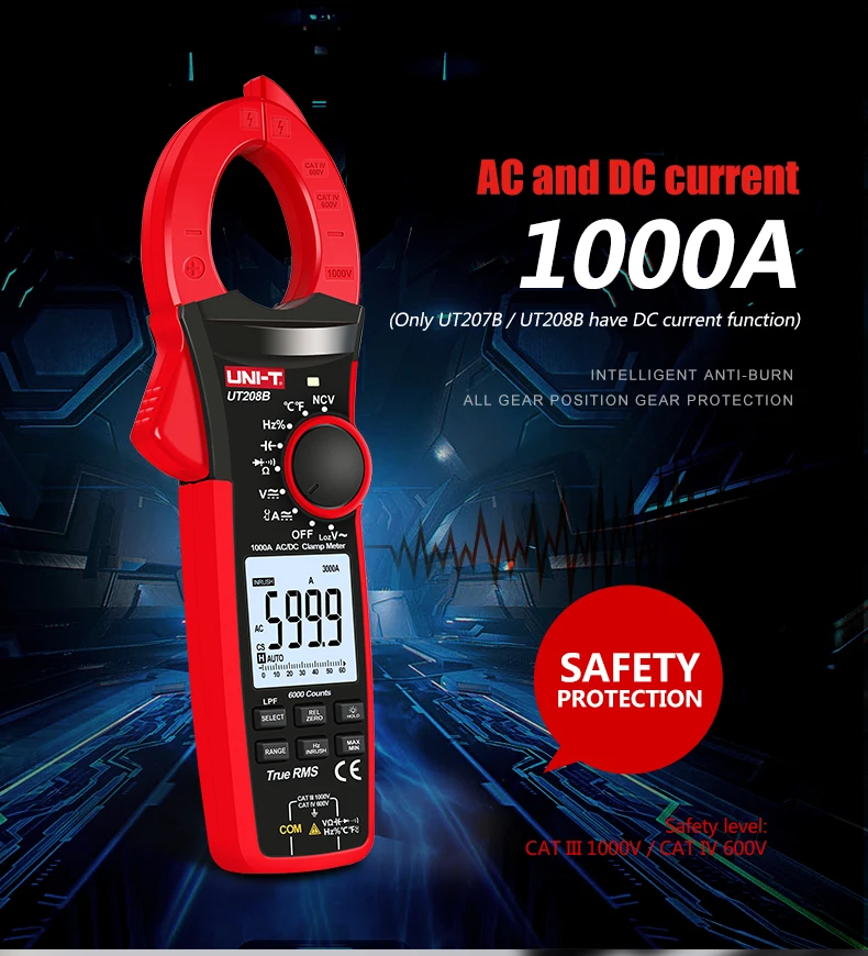 Imagem -02 - Uni T-profissional Digital Clamp Meter ac dc Voltímetro Alicatador Amperímetro Ut207b Ut208b Ampermetric Clamp ac True Rms Backlight