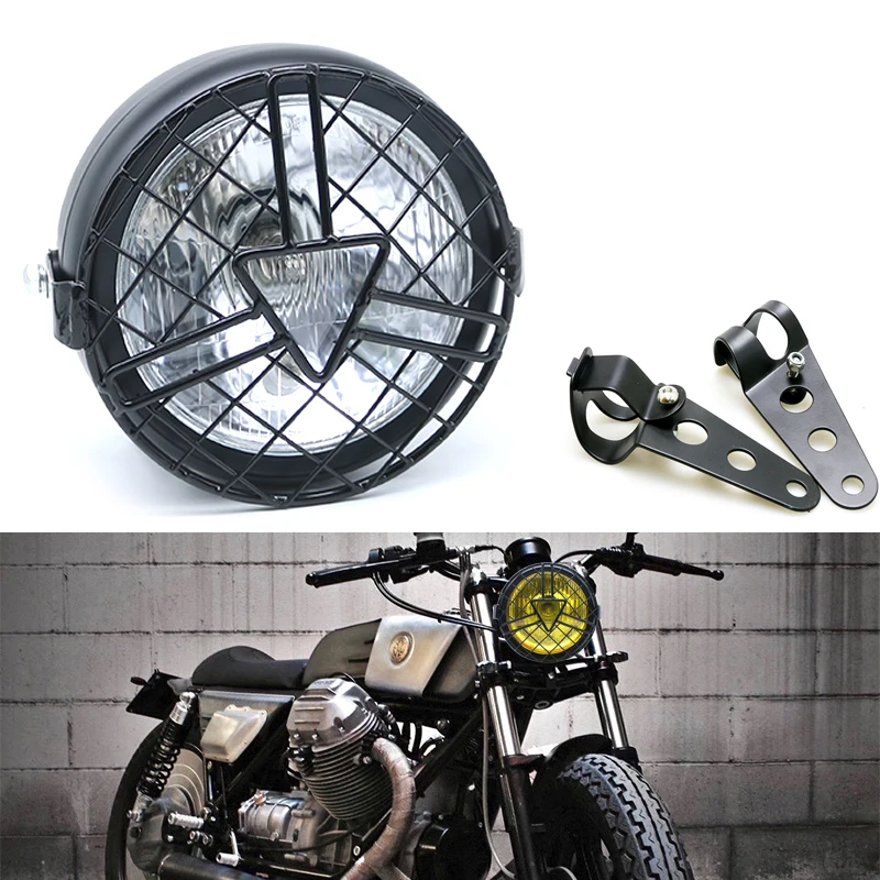 Mask Motorcycle Headlight DC 12V Motorbike Net Head Lamp Scooter Universal Headlamp Lampshade Moto Retro Black Grill Front Light