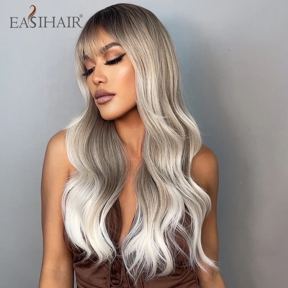 EASIHAIR Ombre Gray Ash Wavy Wigs with Bang Light Blonde Platinum Synthetic Long Hair for Women Daily Party Heat Resistant Fiber