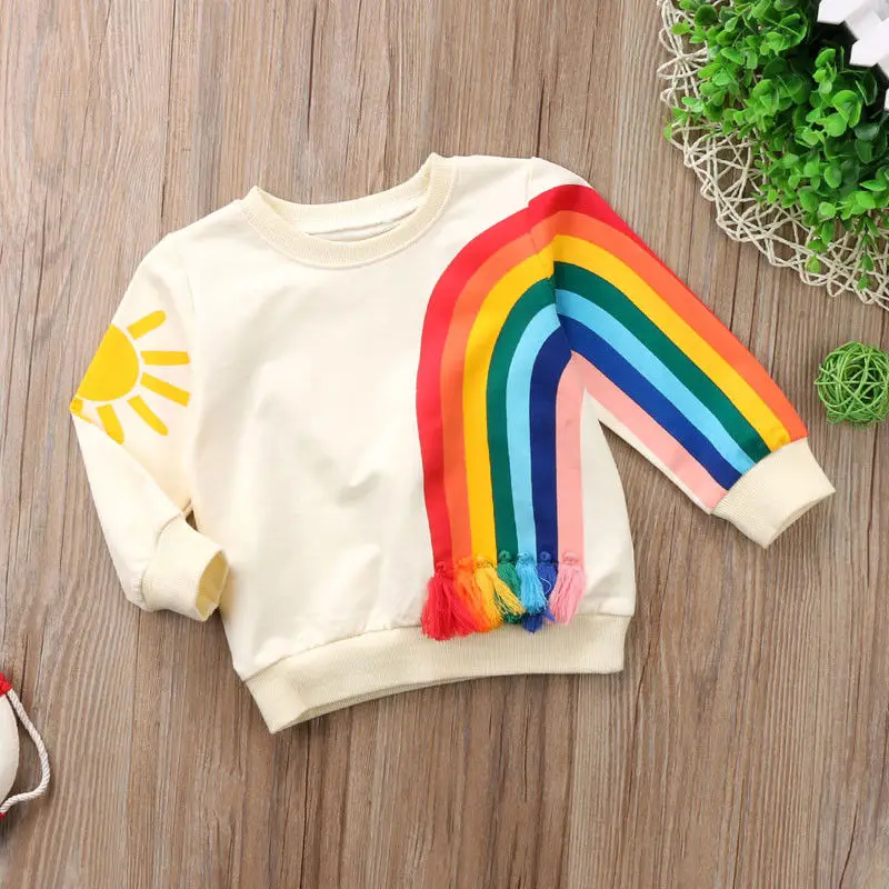 1-6 Years Spring Autumn Toddler Baby Girls Boys Rainbow T-Shirt Tops Long Sleeve Colourful Tassel T-shirt Pullover Kids Clothes