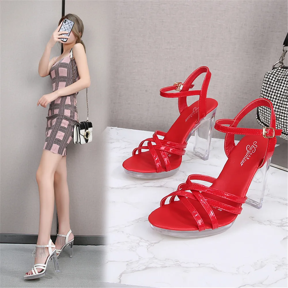 Summer 11 CM Clear High Heel Office Ladies Sandals Size 34-43 Sexy Peep Toe Women Cross Strap Wedding Shoes Fashion Tassel Pumps