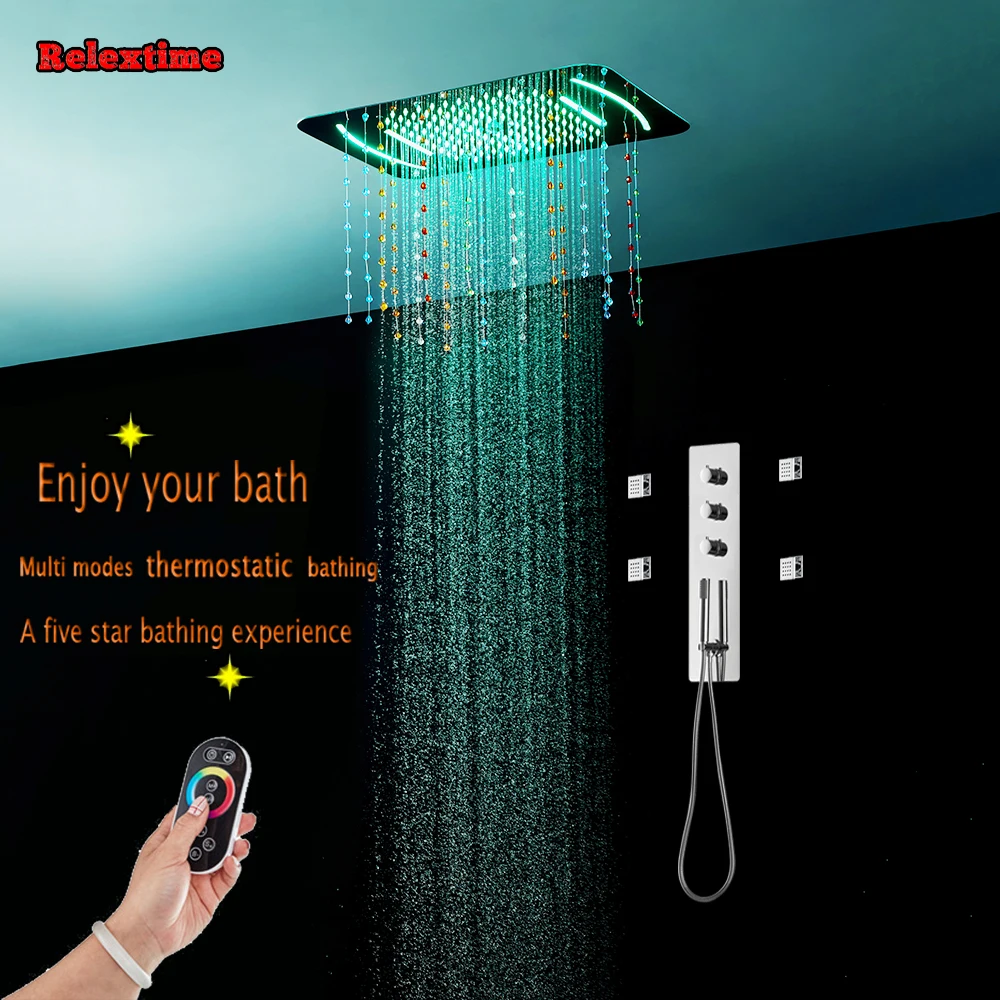 

Concealed Thermostatic Shower Set Panel Bathroom Mixer Faucet Bath Tap Crystal quart Ceiling Shower Head Rain Mist Massage Jets