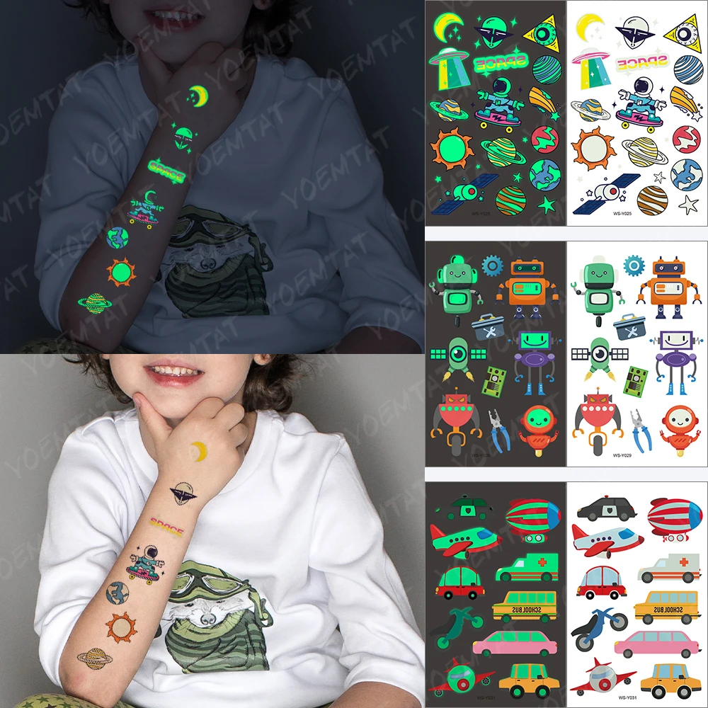 

1pc Waterproof Temporary Tattoo Sticker Luminous Children Alien Sun Earth Planet Glowing Tatoo Kids Arm Face Flash Fake Tatto