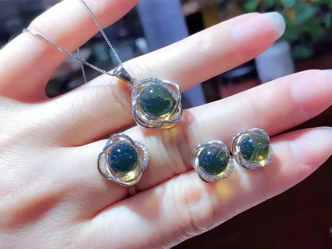 Natural Blue Amber S925 Silver Women's Jewelry Sets Ring Stud Earrings Pendant Zircons Elegant Trendy Fine Jewel Engagement Gift