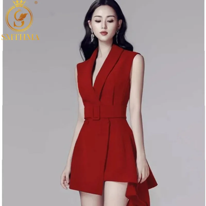 SMTHMA Elegant Notched Neck Double Breasted Women Blazer Dress OL Style Dress High Waist Red Vestidos Femme New 2022