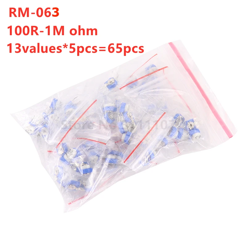 65PCS RM063 Vertical Blue White Adjustable Resistor Kit 100 ohm -1M ohm 13 kinds * 5 PCS=65PCS Resistance 100R-1MR RM-063 WH06-1