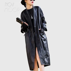 Novmoop 2020 in stile francese di un pezzo in vera pelle di pecora tretch cappotto Trench E Impermeabili-cappotto en cuir pour femme LT3264