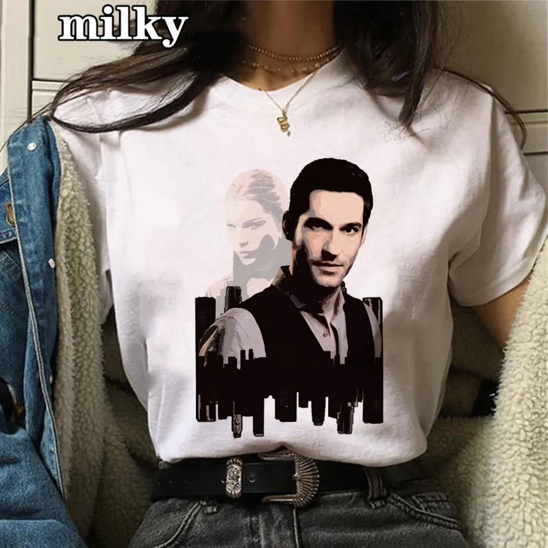 Lucifer Morningstar T Shirt Women Streetwear Funny Tops Tee Harajuku New Vintage Tshirts Tv Show Casual Graphic Female T-shirt