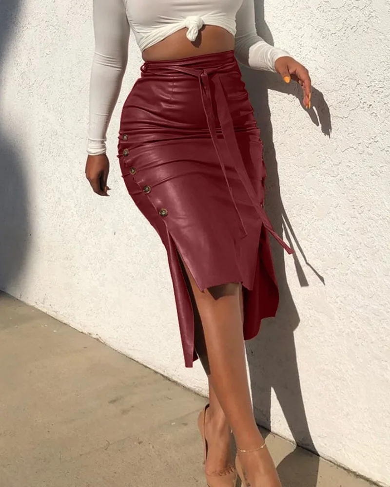 Women Trendy PU Leather Midi Skirt Solid Color High Waist Lace-up Side Button Slim Skinny Pencil Skirt for Ladies Streetwear