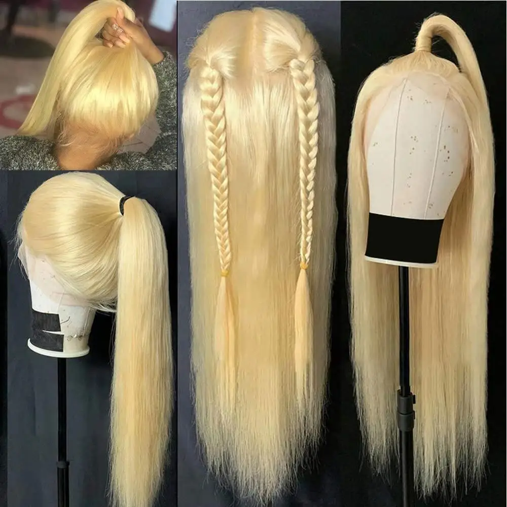 Perruque Lace Frontal Wig 613 brésilienne naturelle, cheveux lisses, blond miel, 4x4, densité 150, pour femmes