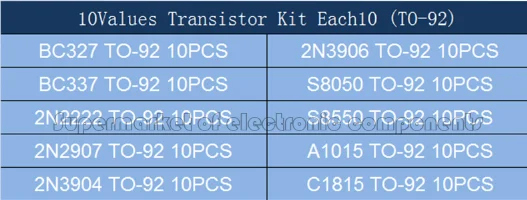 BC337 BC327 2N2222 2N2907 2N3904 2N3906 S8050 S8550 A1015 C1815 10Values X10pcs=100 Transistors Set Pack Transistor Kit (TO-92)