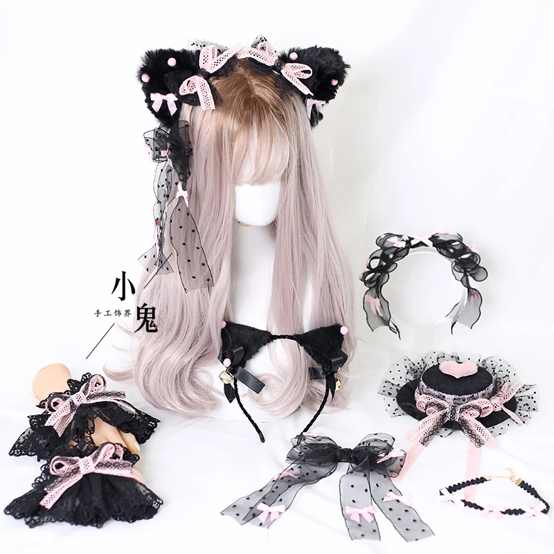 

Black Pink Lolita Headdress Lolita Bow Hair Accessories Sweet House Lace Yarn Point Flat Hat Headband