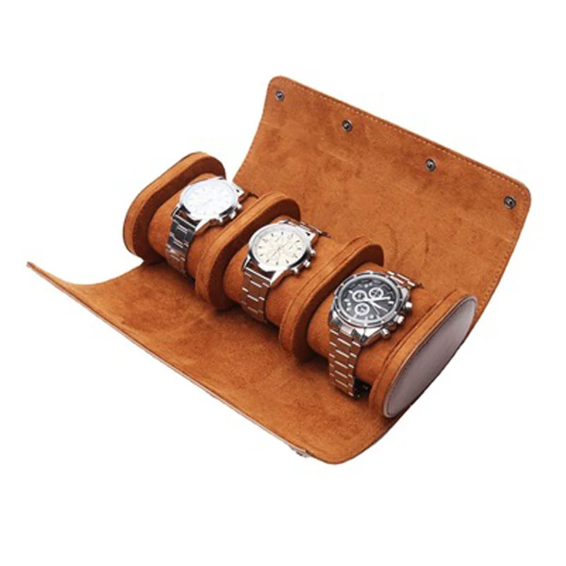 3 Slots Watch Roll Travel Case Chic Portable Vintage Leather Display Watch Storage Box with Slid in Out Watch Organizers