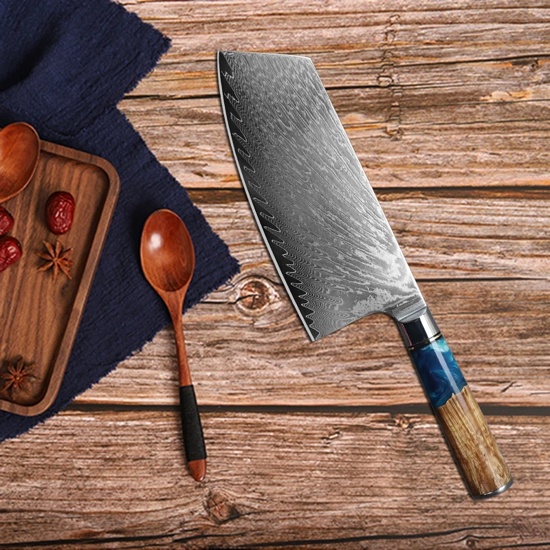 JUNSHENG 7.5 inch multifunctional kitchen knife meat cleaver 67 layers Damascus steel blade resin + tree handle kitchen knife