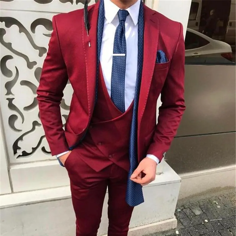 JELTONEWIN Burgundy Men Suits Groom Wedding Suits Slim Fit 3 Pieces Tuxedo Custom Prom Blazer Terno Masculino (Jakcet+Pant+Vest)