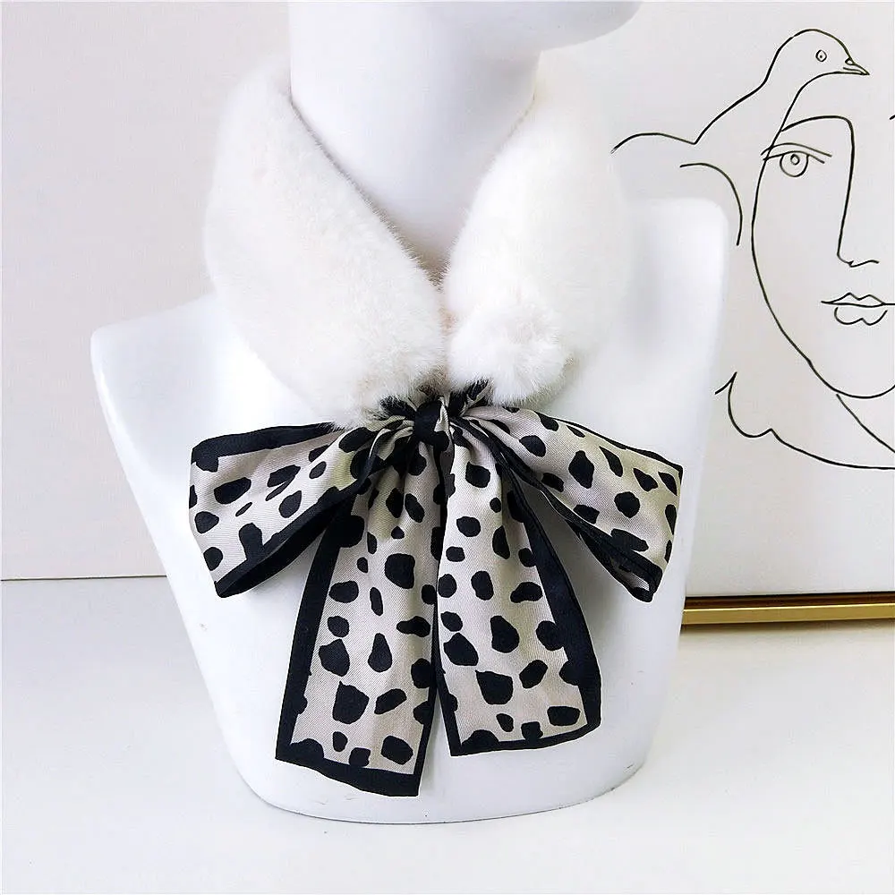 2022 New Long Skinny Silk Letter Leopard Printed Hair Head Scarf with Winter Warm Faux Fur Neck Collar Scarves for Women Foulard