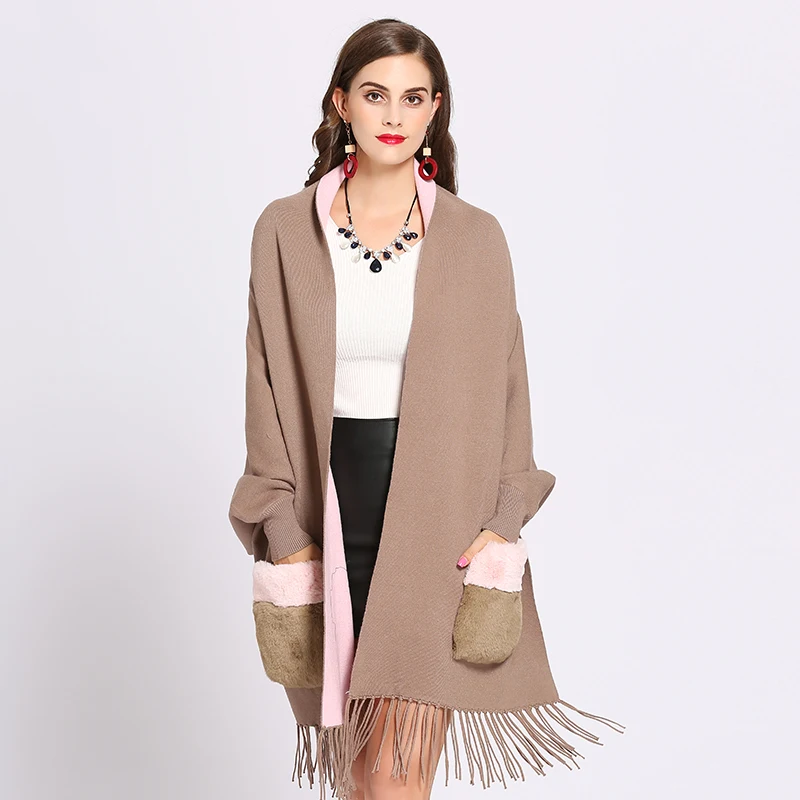 Women Contrast Fur Pocket Tassel Knitting Shawl Wrap Loose Plus Size Cardigan Poncho Cape With Sleeves Winter Sweater Coat Mujer