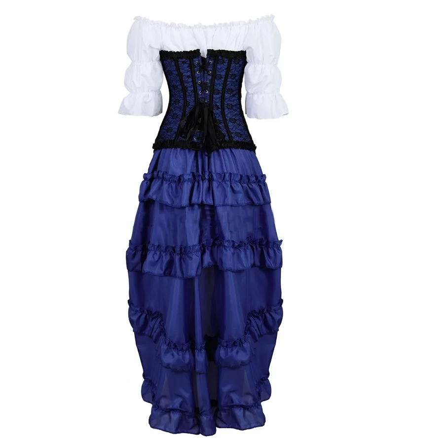 Dress with Corset Women's Sexy Lace Print Black Ribbon Bow Trim Corset Top Three-Piece Front High and Low Irregular Corset Skirt