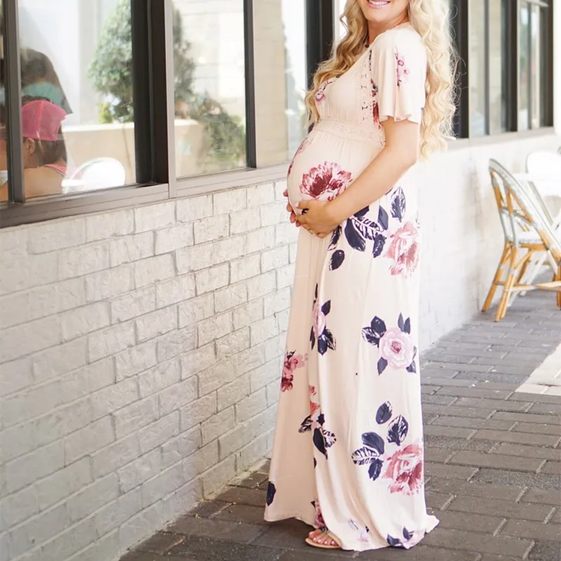 

Maternity Dresses for Baby Showers Elegant Pregnant Women Short Sleeve Lace Floral Maxi Long Dress Pregnancy Clothes Photo Shoot