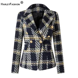 HarleyFashion New Winter Luxurious Plaid Tweed Woven Women's Blazers Gold Thread Top Quality Chic Thicker Jackets