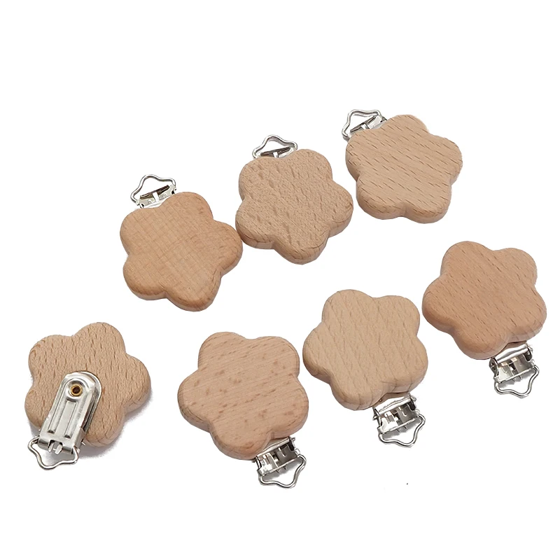 Chenkai 50PCS Flower Shape Wooden Clip Food Grade Beech Dummy Clip for Baby Teething Pacifier Chain Holder DIY Gift Accesories