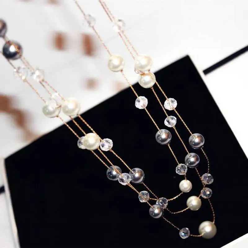 Classic Crystal Pearl Long Necklace Multi Layers New Fashion Jewelry For Women Temperament Sweater Chain Christmas Gifts