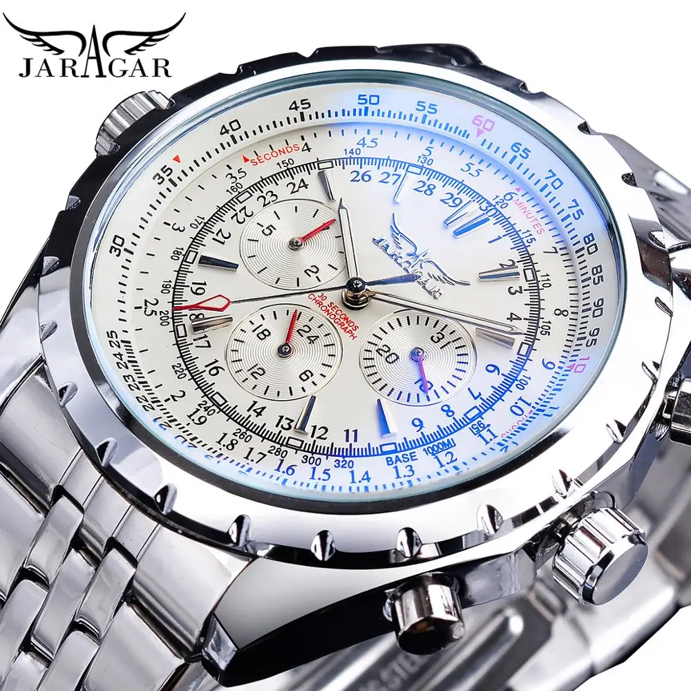 

Jaragar White Dial Automatic Watch Complete Calendar Silver Stainless Steel Luminous Business Sport Mechanical Date Wristwatch