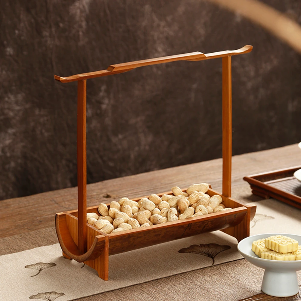 Chinese Antique Style Natural Bamboo Food Tray For Tea Cake Dessert Nuts Snacks Retro Shelf Design Container For Home Teahouse