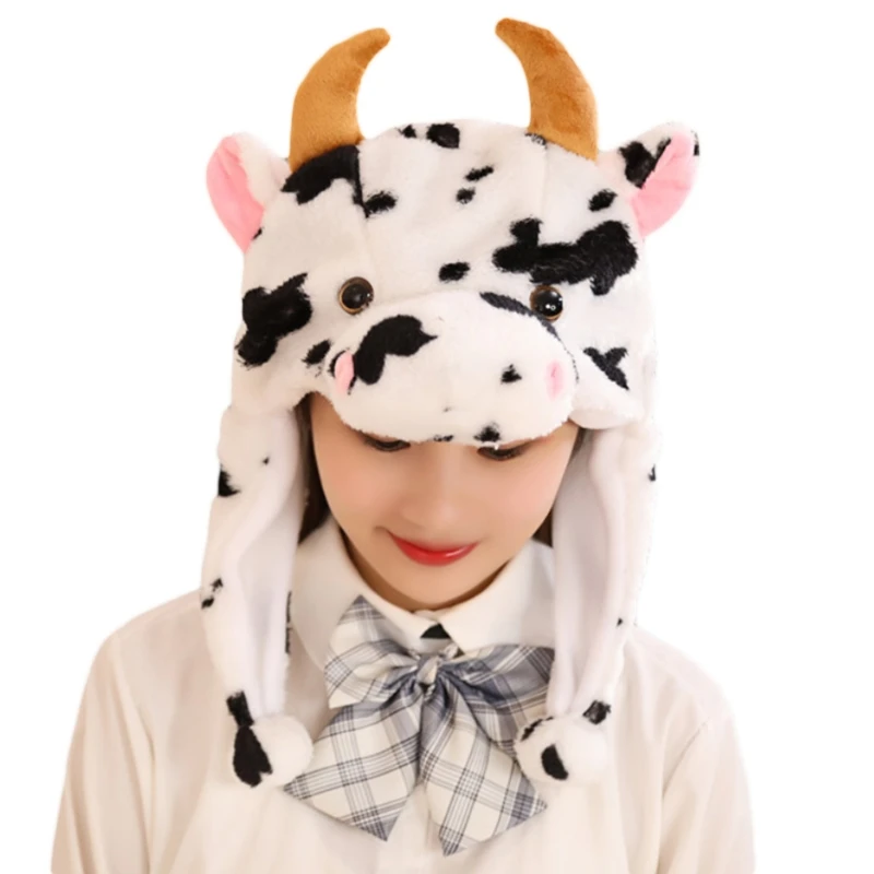 New Kids Cute Cow Animal Plush Hat with Moving Ears Fluffy Warm Earflap Cap Scarf