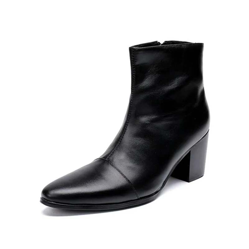 

Zapatos Hombre Genuine Leather Men Boots British Style Black High Heels Dress Ankle Boots Pointed Toe Zipper Chelsea Boots