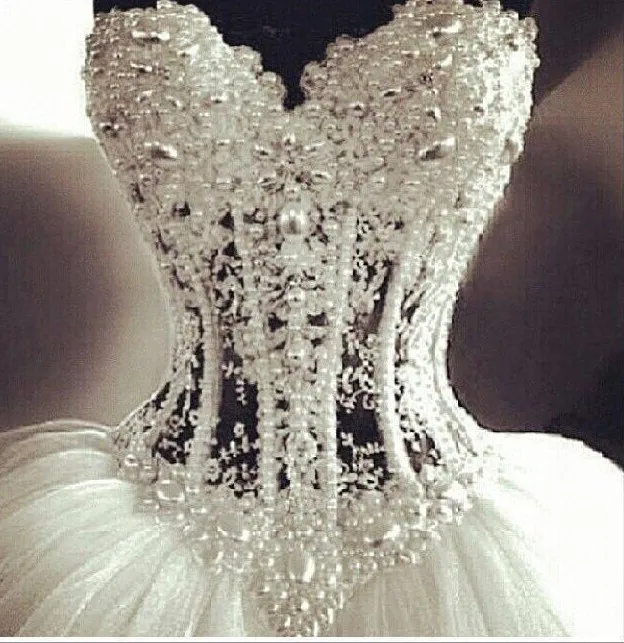 Luxurious Bling Strapless Corset Bodice Sheer Ball Crystal Pearl Beads Rhinestones bridal Gown 2021 Bespoke Wedding Dresses