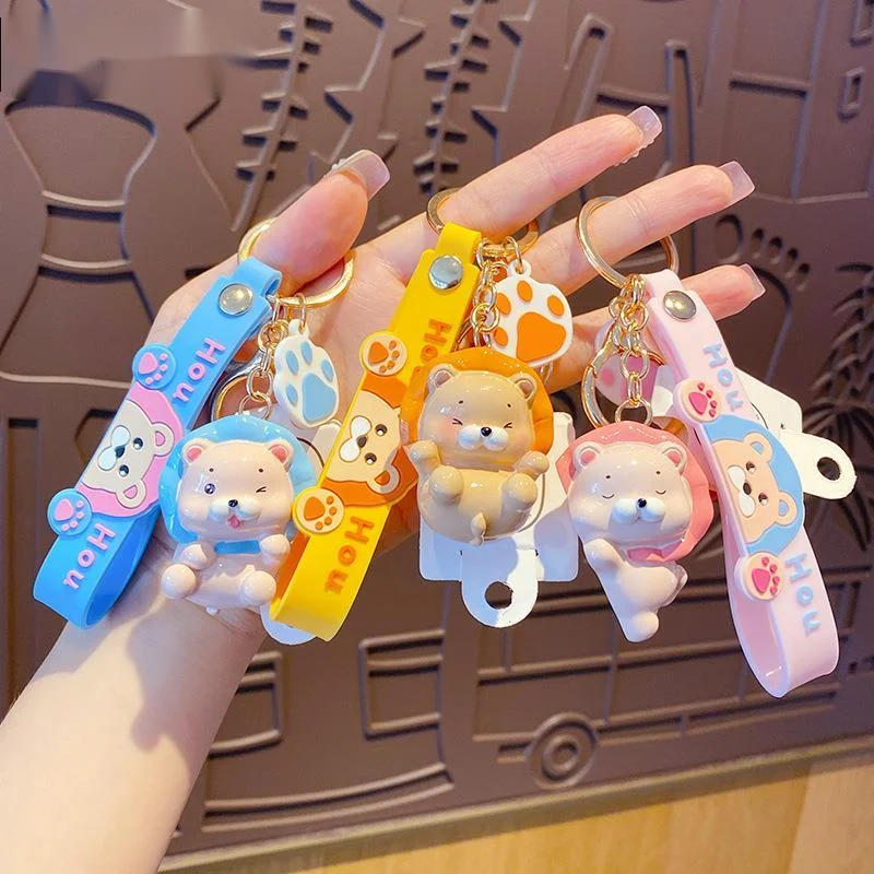 New Cartoon Roar Lion Keychain Cute Pink Yellow Blue Resin Bag Car Metal Keyring Soft Lanyard Women Boy Lover Gift