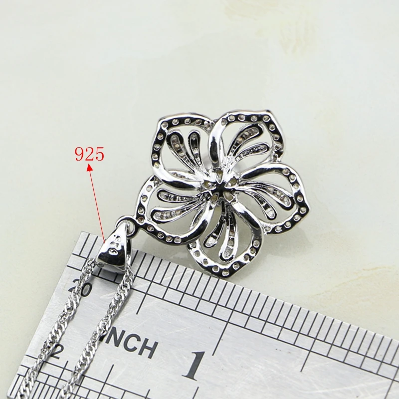 Flower 925 Sterling Silver White Pearl Cubic Zirconia Jewelry Set For Women Wedding Earrings/Ring/Pendant/Necklace
