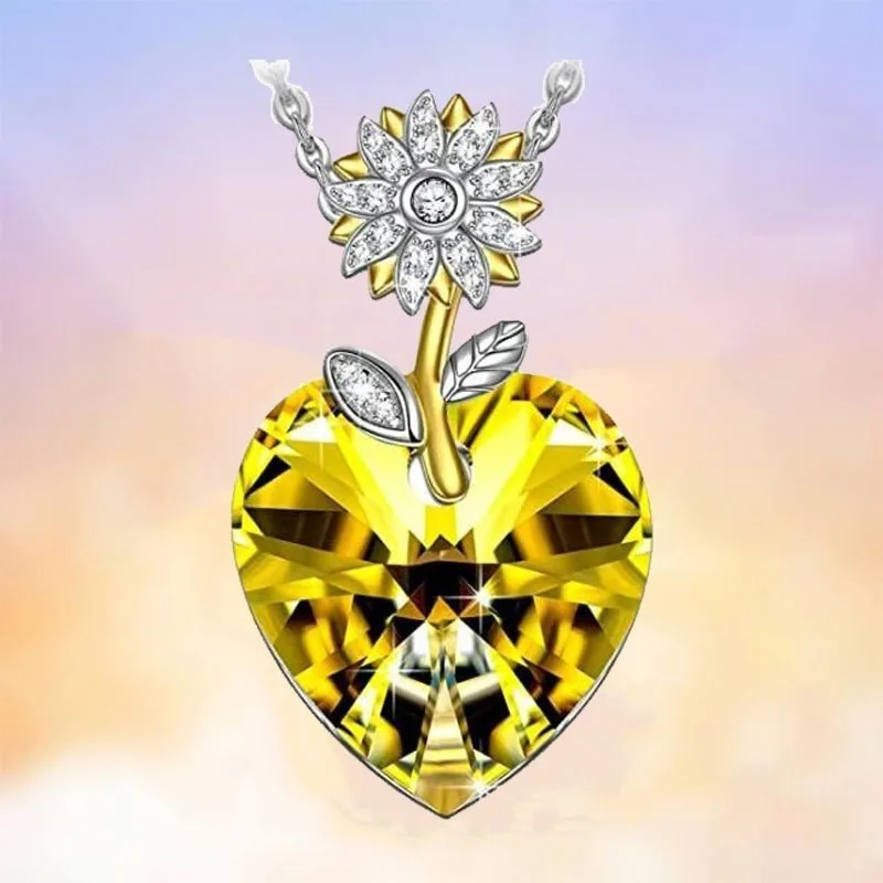 2023 Cute Fashion SUNFLOWER Yellow Crystal Heart-Shaped Women's Necklace Pendant Necklace Joyero Jeweler Gothic Accessories