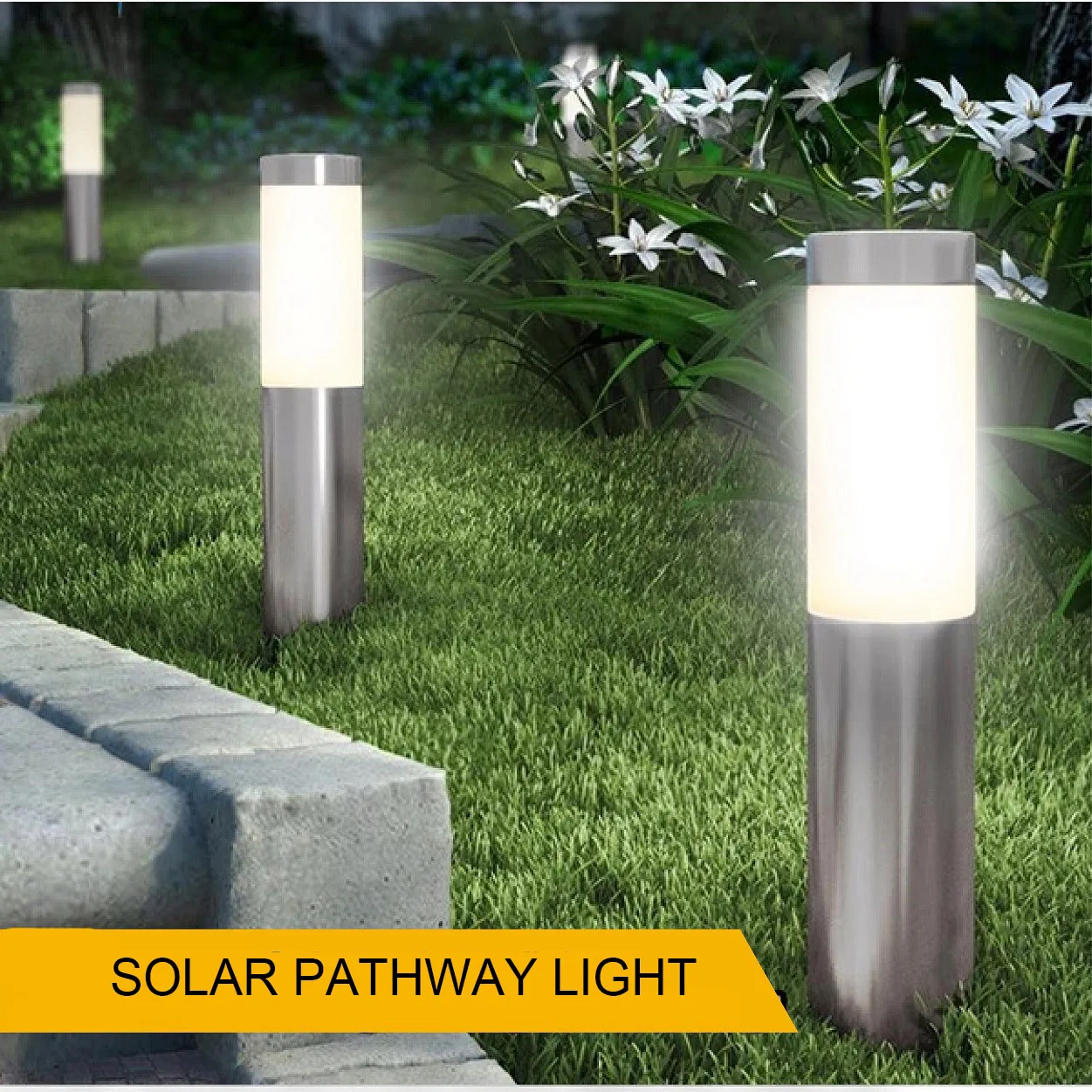 LED Solar Power Lamp Garden Light Stainless Steel Cylindrical Tubular Outdoor Lighting Waterproof IP65 Landscape Yard Light